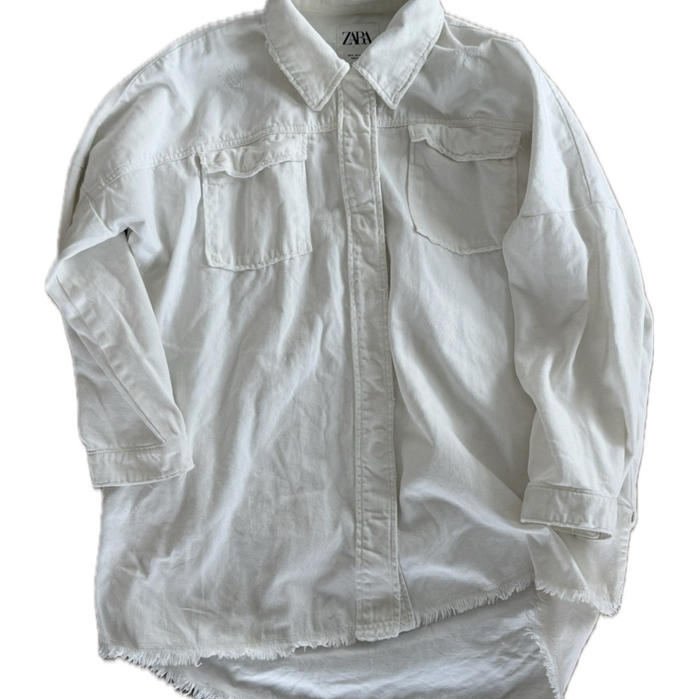 Zara Off-White Frayed Hem Shirt
